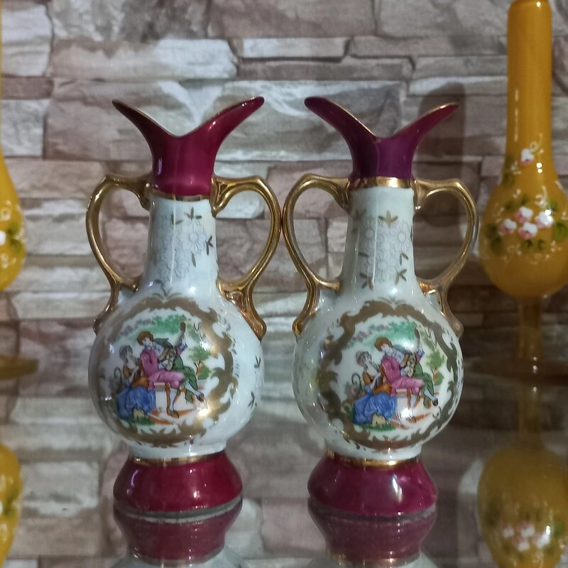 گلدان قدیمی دنسی شاخدار مرمری نیم لاکی